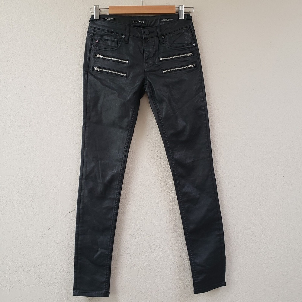 Vigoss Shiny Black The Jagger Moto‎ Pants Skinny Zippers Womens Size 25 Mid rise - Picture 2 of 8